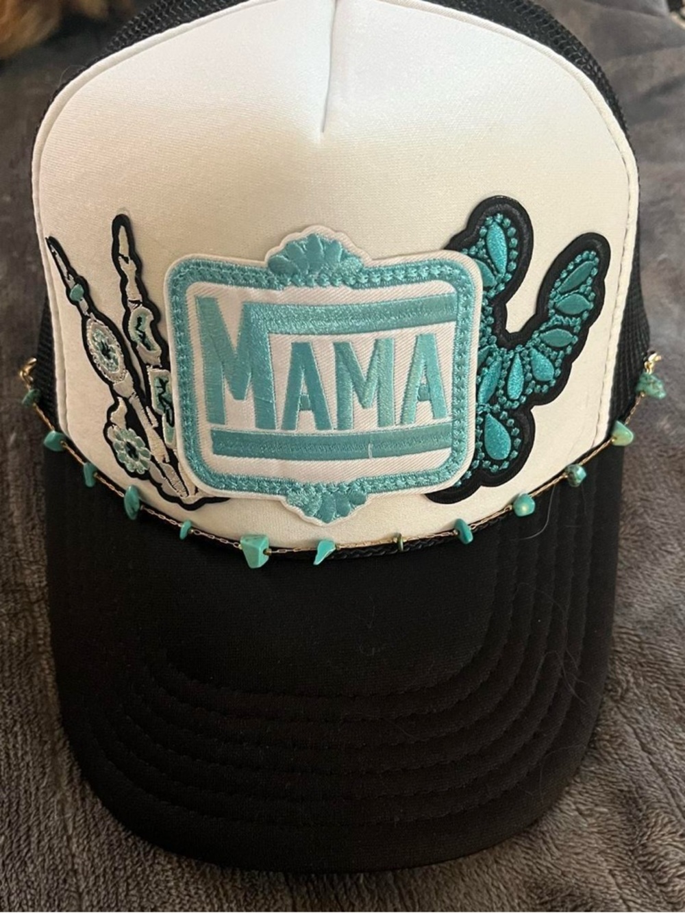 Mama Embroidered Trucker Hat in Turquoise & Black